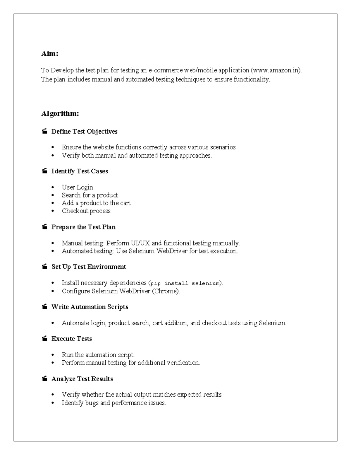 STA - 1st program - Aim: To Develop the test plan for testing an e ...