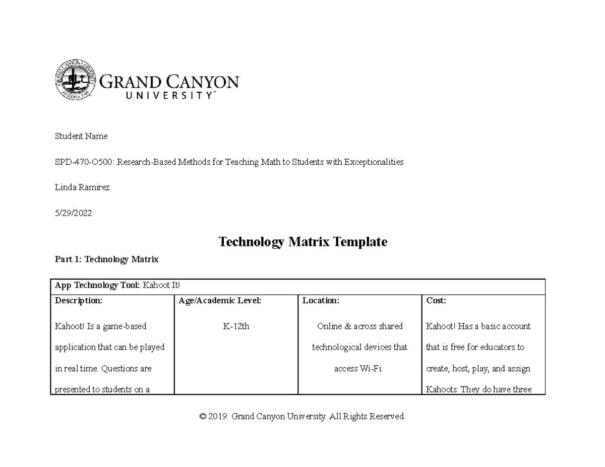 GCU SPD-470-O500 Week 5 Tech Matrix & At-Home Video Assignment - Studocu