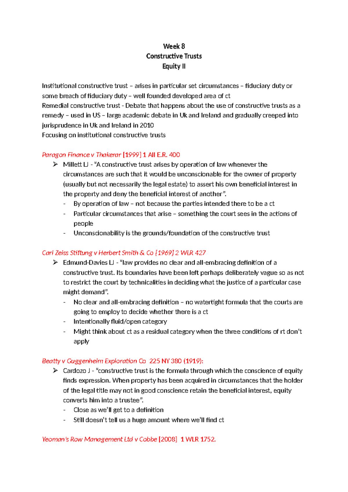 Equity II Week 8: Institutional and Remedial Constructive Trusts - Studocu