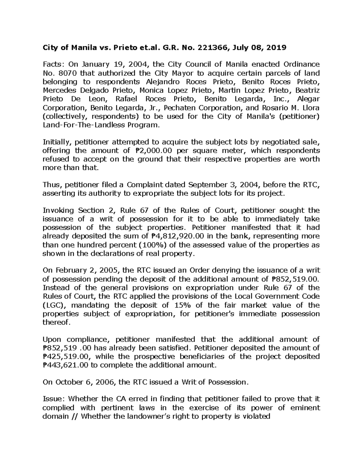 City of Manila vs. Prieto: Analysis of Expropriation and Eminent Domain ...