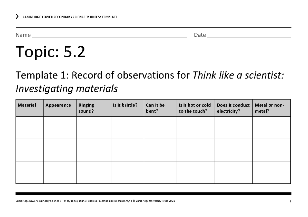 CAMBRIDGE LOWER SECONDARY SCIENCE 7: UNIT 5 TEMPLATES FOR EXAM PRACTICE ...