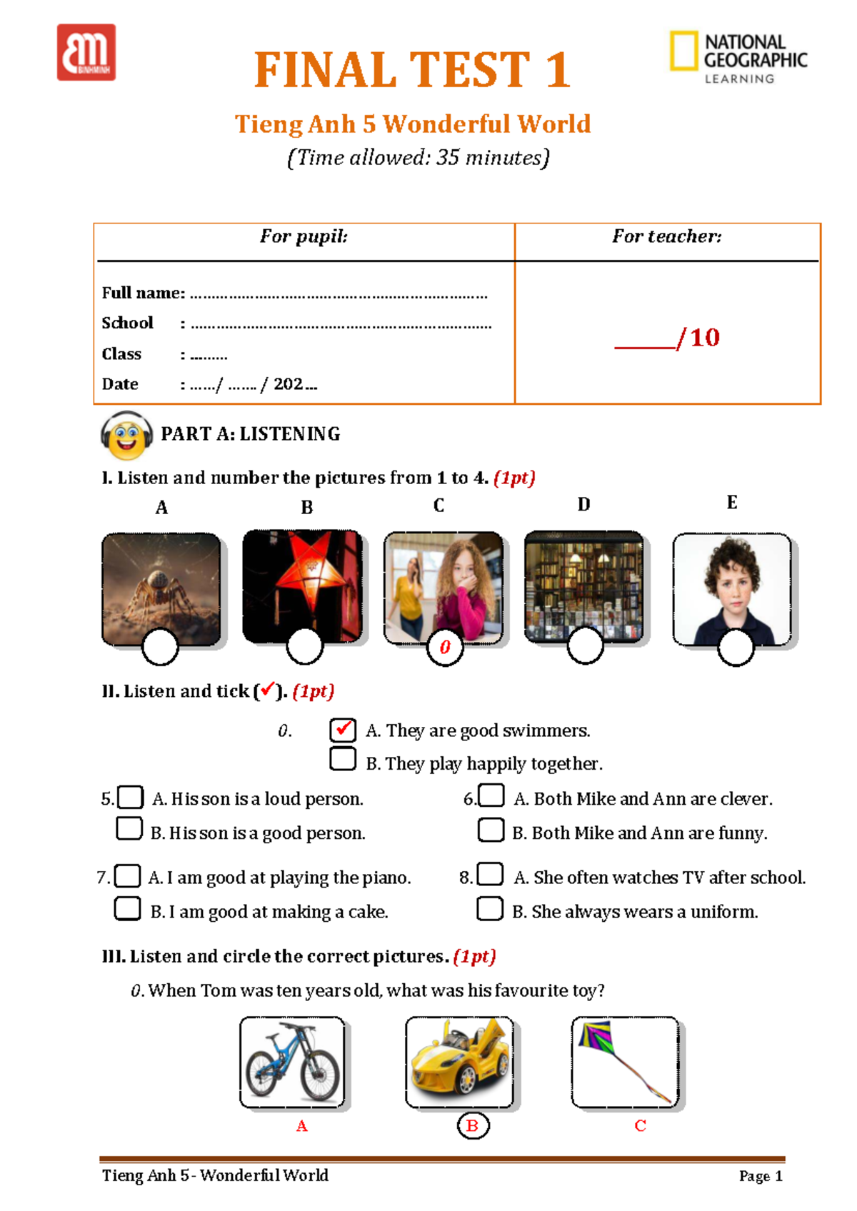 FINAL TEST 1 Tieng Anh 5: Listening & Reading Activities - Studocu