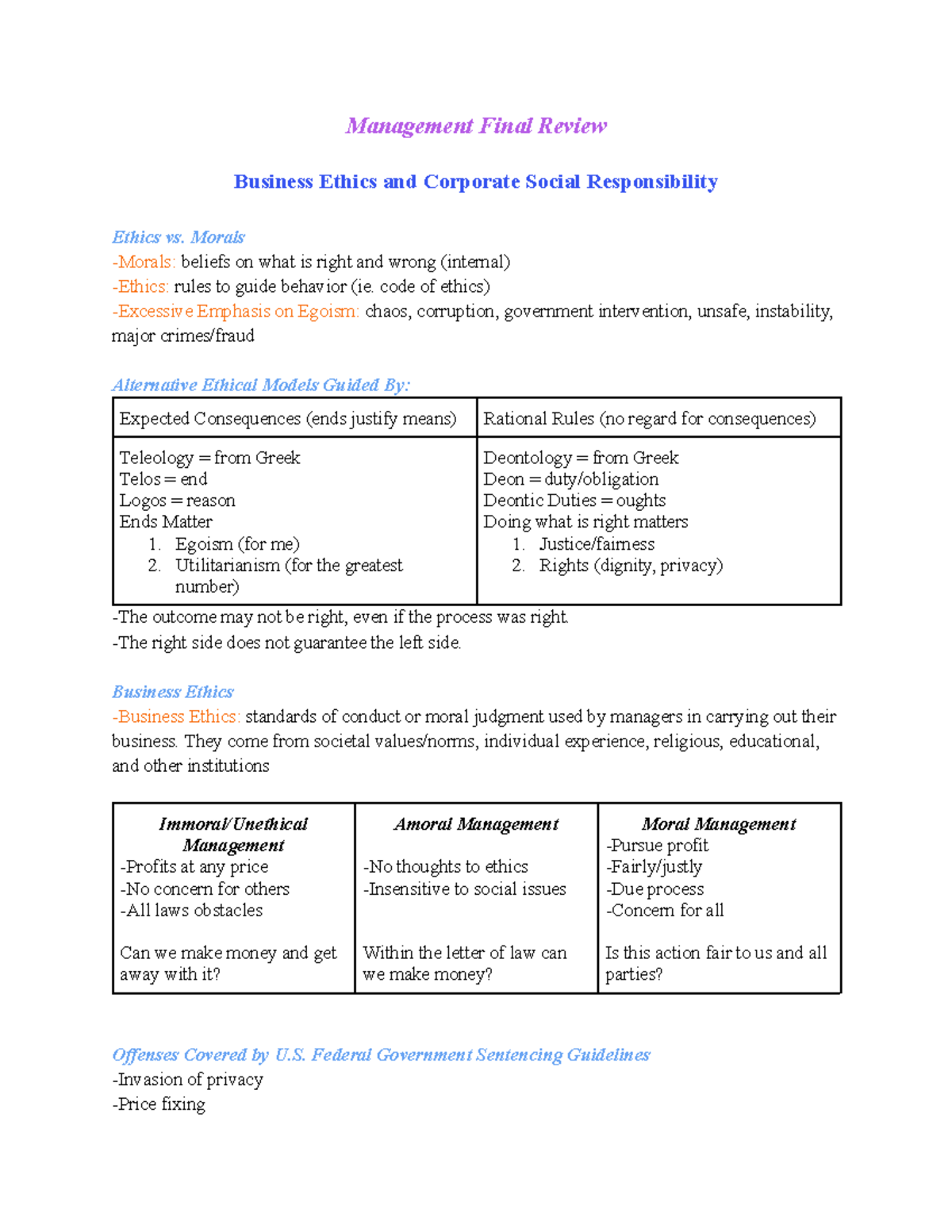 MGMT 101 Final Exam Review: Business Ethics & Organizational Theory ...