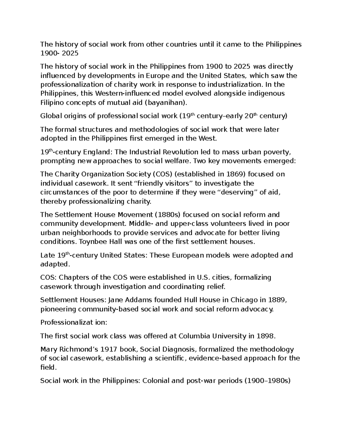 The Evolution of Social Work in the Philippines: SW 1 Assignment - Studocu