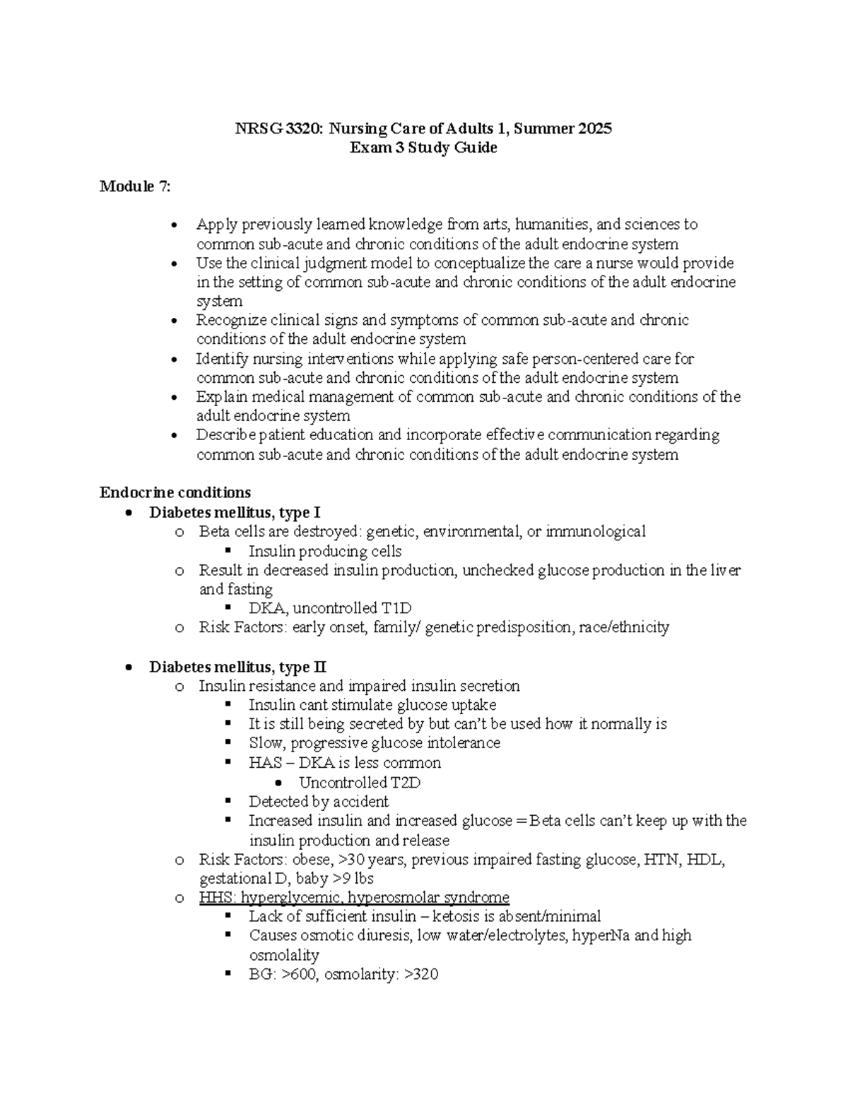 NRSG 3320: Adult Nursing Care Exam 3 Study Guide - Summer 2025 - Studocu
