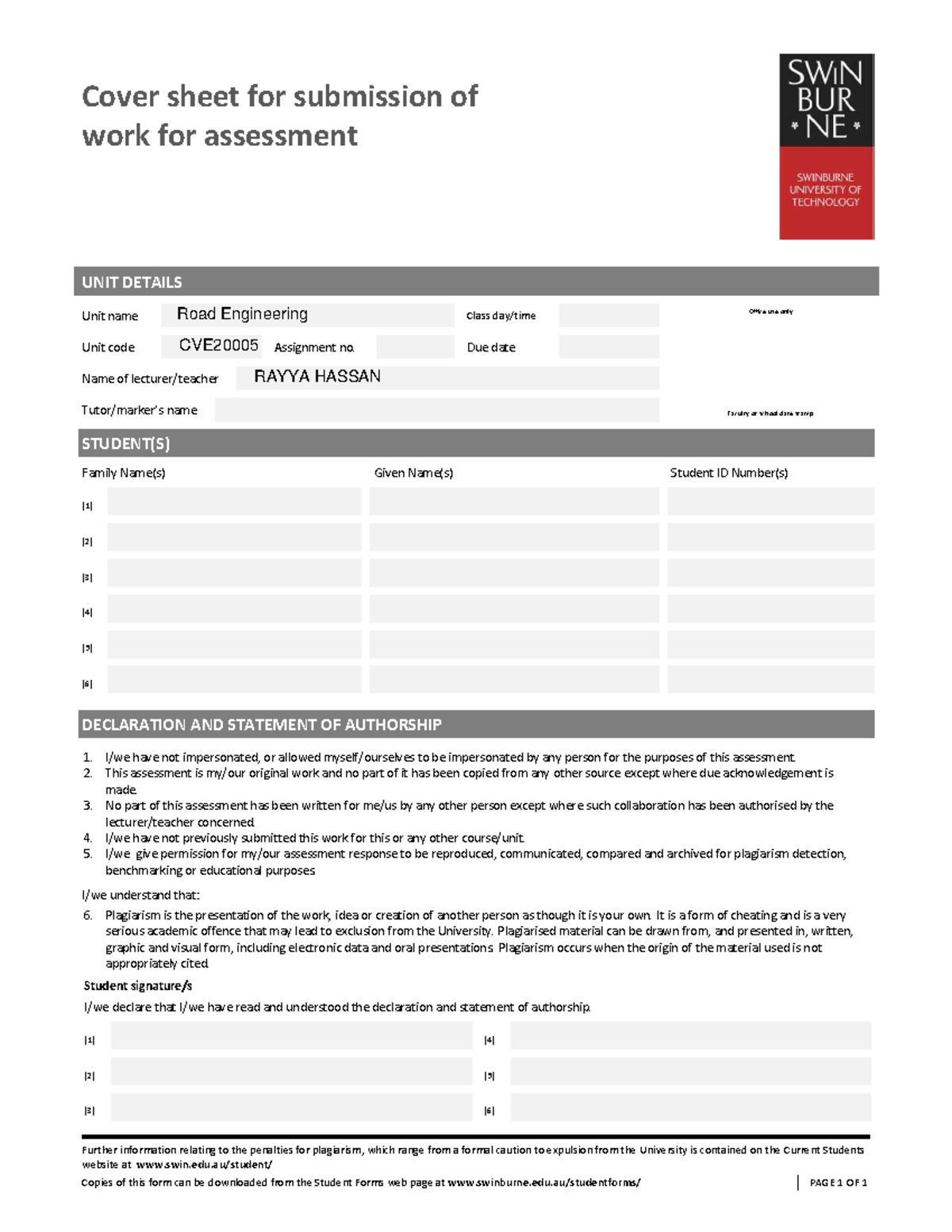 CVE2000 5 Lab - Cover sheet for submission of work for assessment UNIT ...