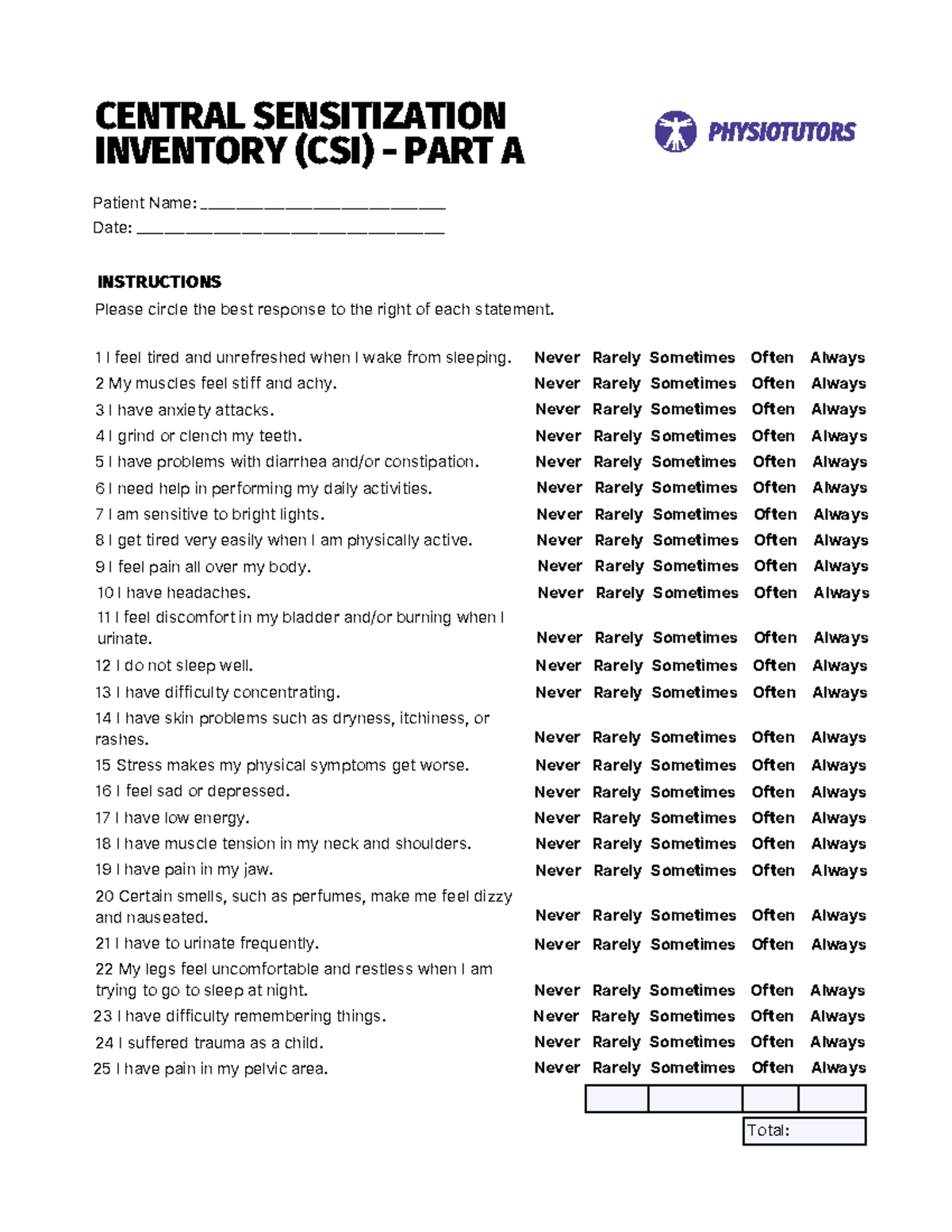 Central Sensitization Inventory (CSI) Part A: Patient Assessment Tool ...