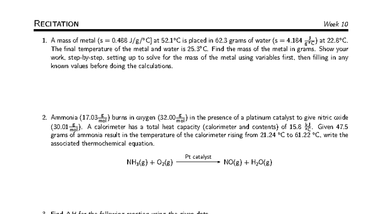 0110 - Rec - Week 10 Recitation Worksheet on Thermodynamics - Studocu