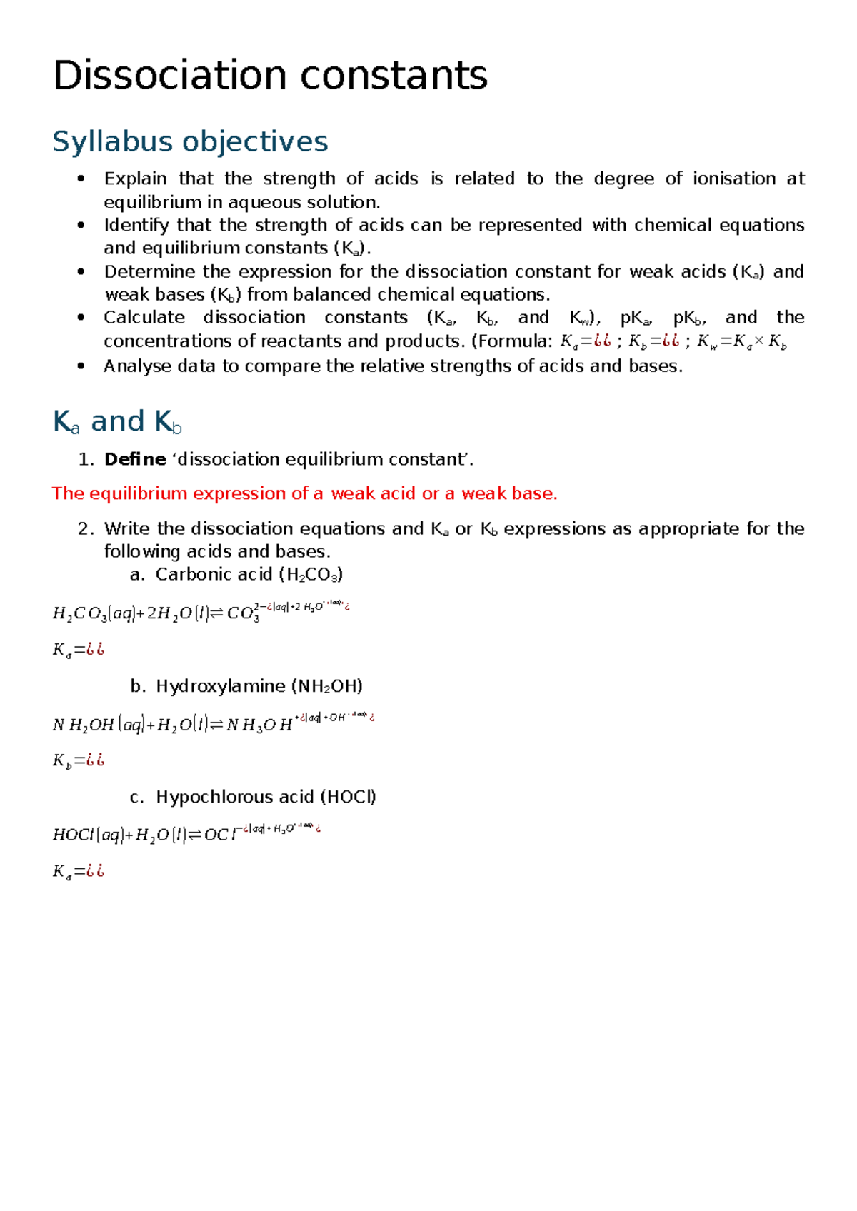 Dissociation Constants Worksheet (Solutions) for Chem 101 - Studocu