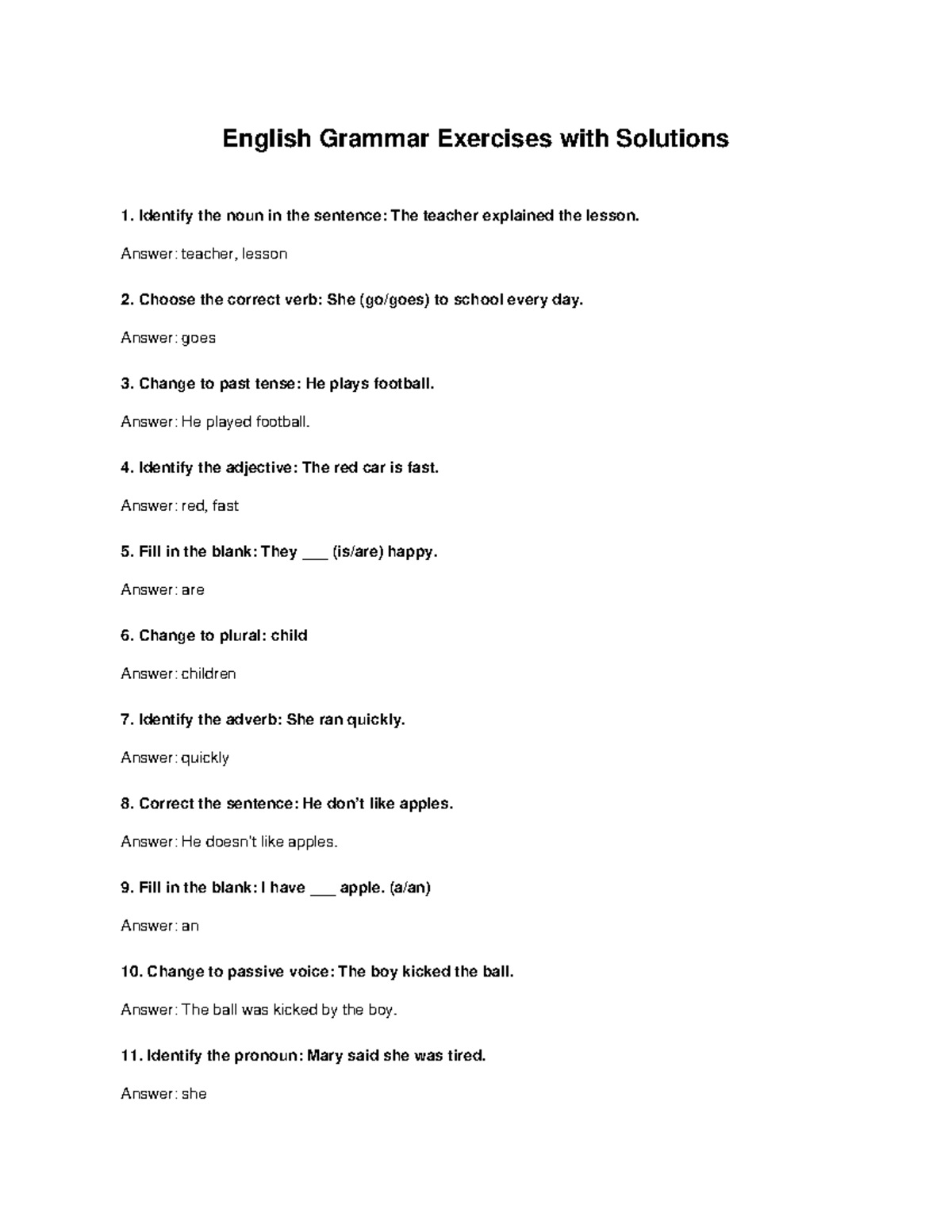 English Grammar Exercises & Solutions: Nouns, Verbs, Adjectives, etc ...