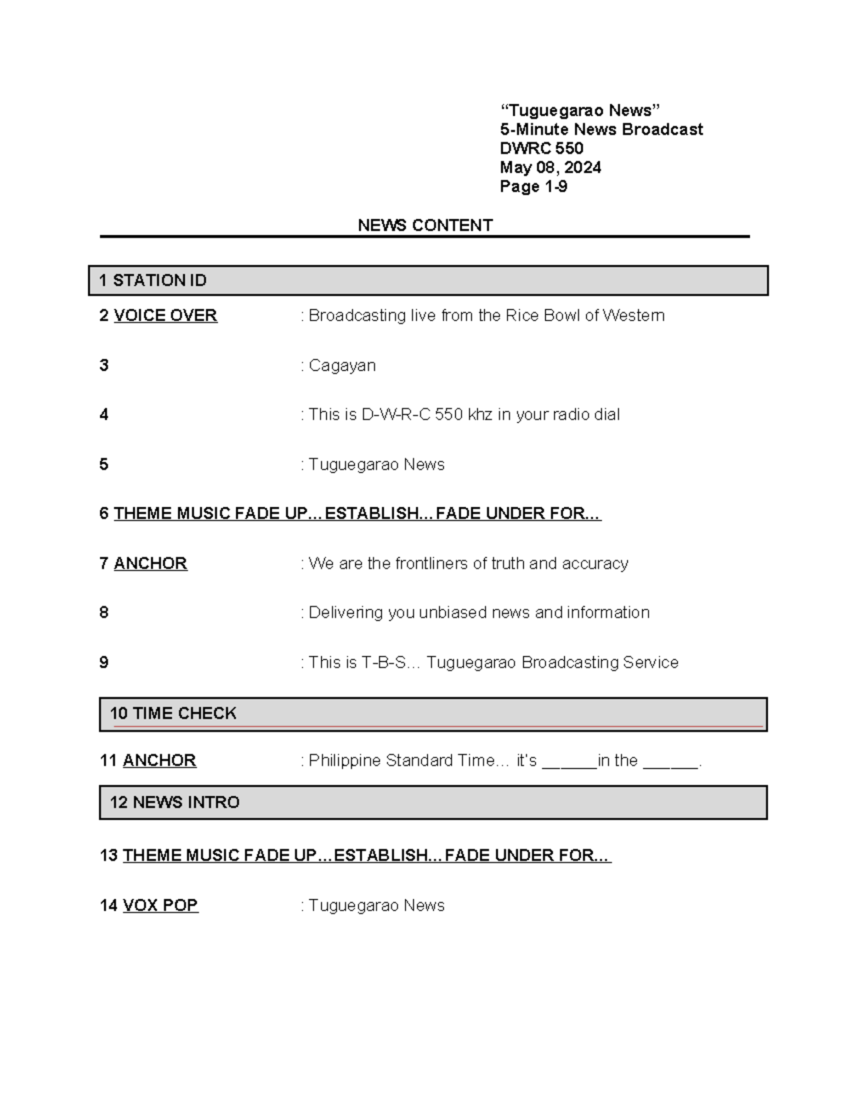 Script-2 - Scripts - 1 STATION ID 5-Minute News Broadcast DWRC 550 May ...