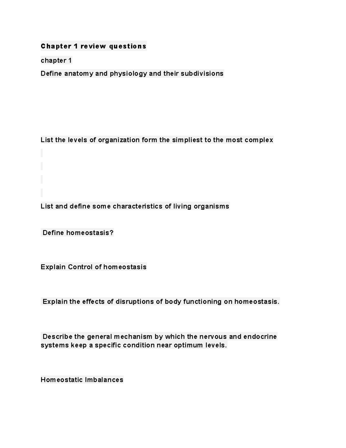 Chapter 1 Review Questions: Anatomy, Physiology, and Homeostasis - Studocu