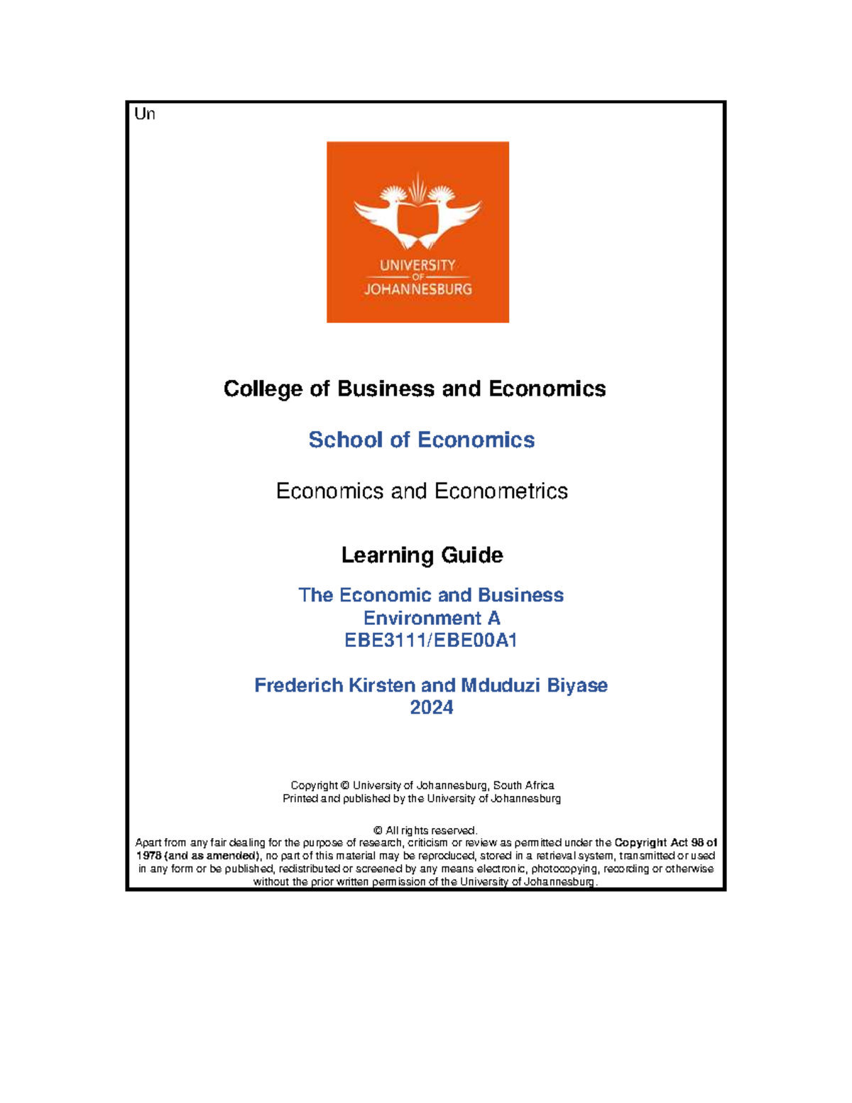 EBE A 2024 Learning Guide: Economics & Econometrics Overview - Studocu