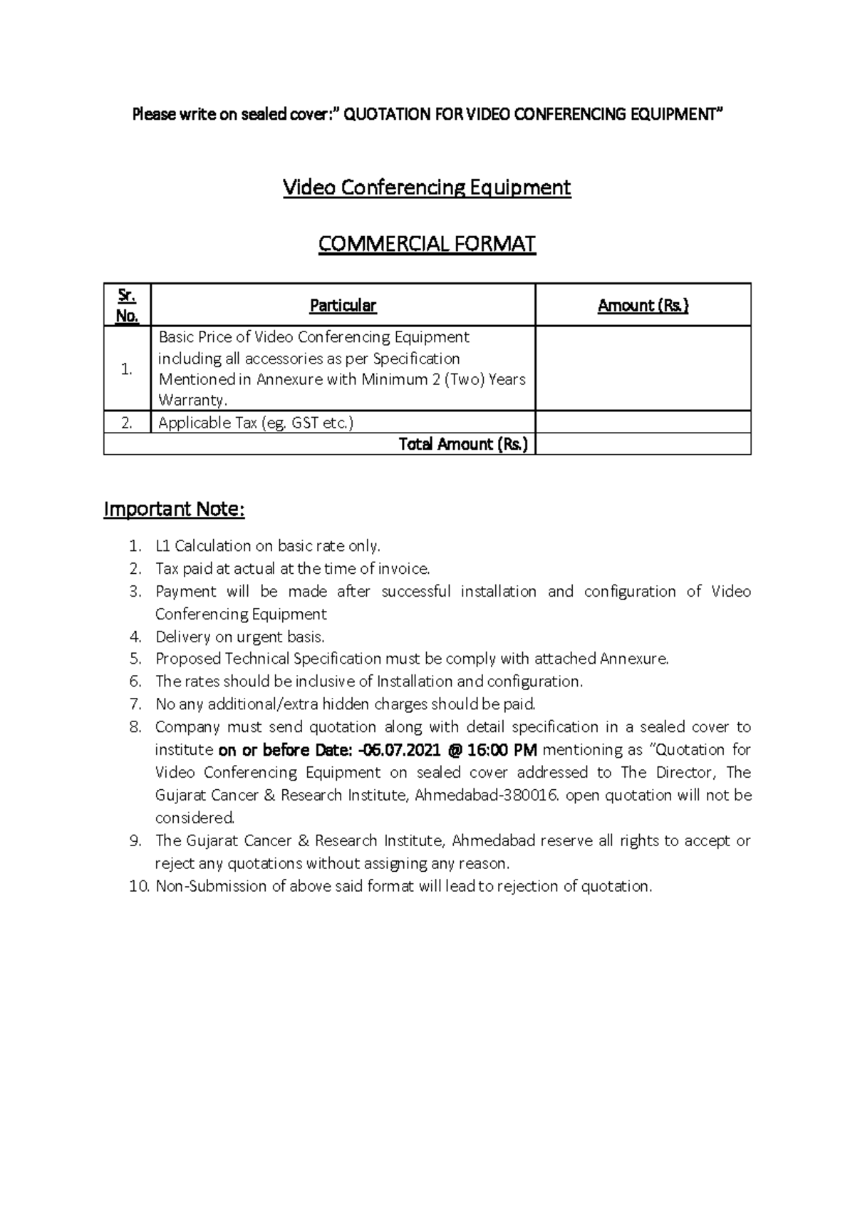 Sealed Quotation for Video Conferencing Equipment - Commercial Format ...