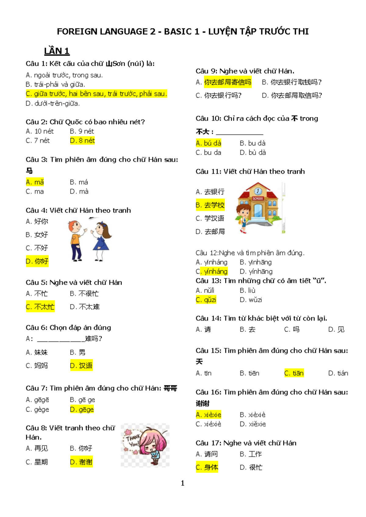 Foreign Language 2 - Basic 1 - Final Exam Practice + Key - Studocu