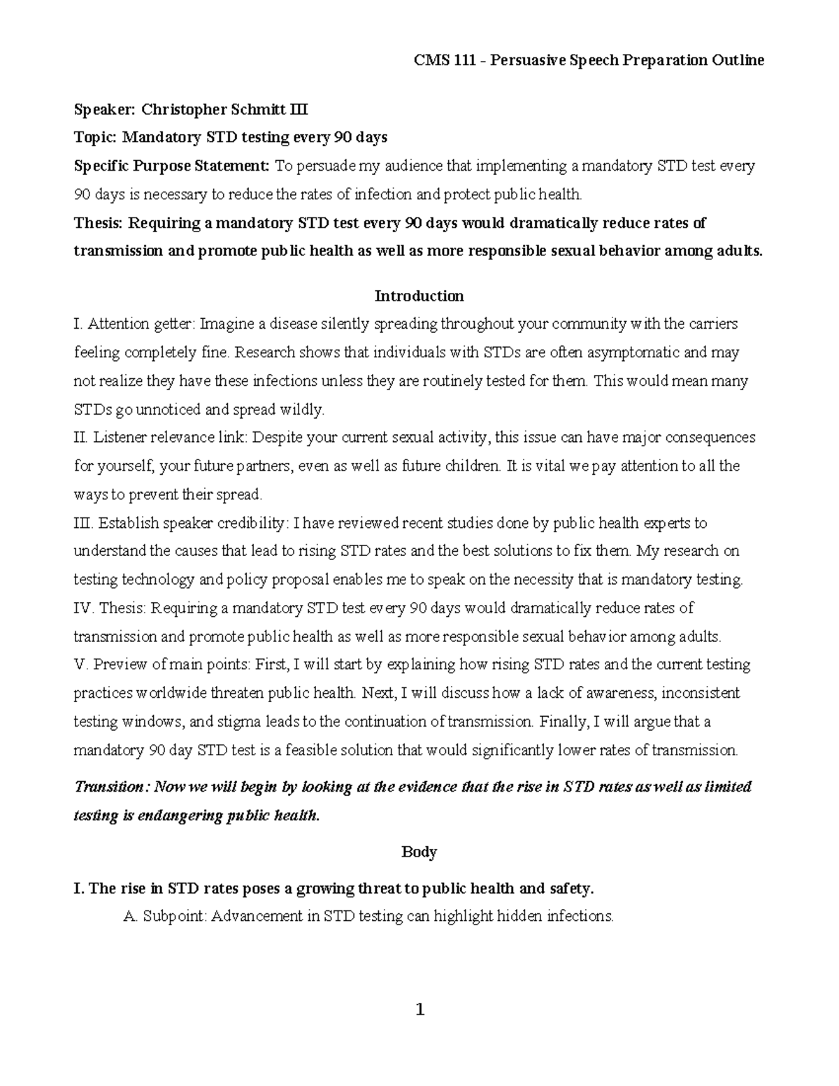 CMS 90-Day Mandatory STD Testing Persuasive Speech Outline - Studocu