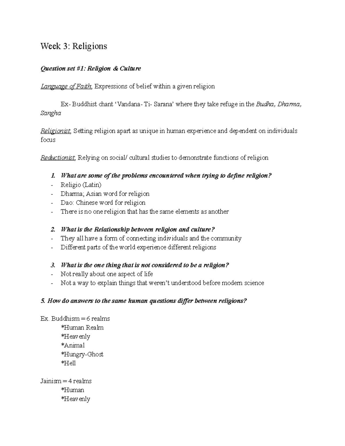 Week 3 HUMN notes - guided questions about different religions and ...
