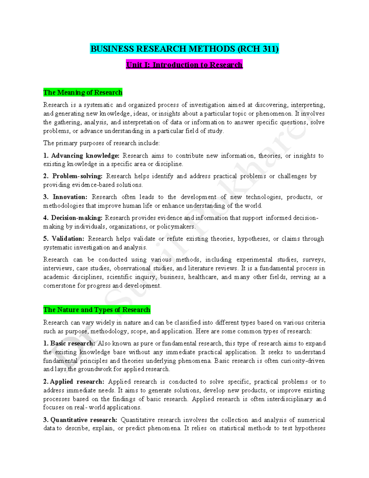 Business Research Methods (RCH 311) Unit I: Intro to Research Concepts ...