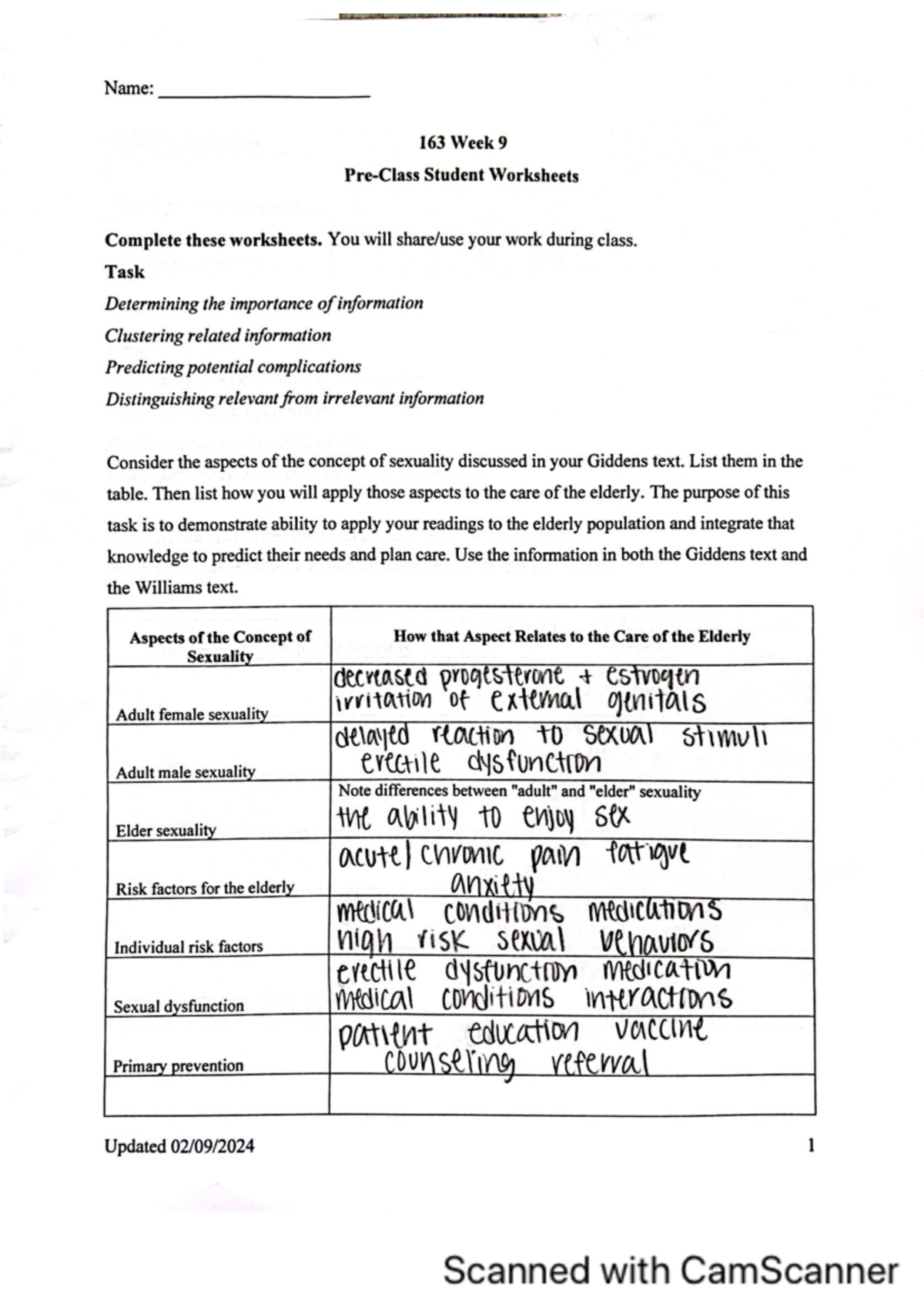 Nurse 163 Week 9 - 163 hw week 9 - Name: 163 Week 9 Student Worksheets ...