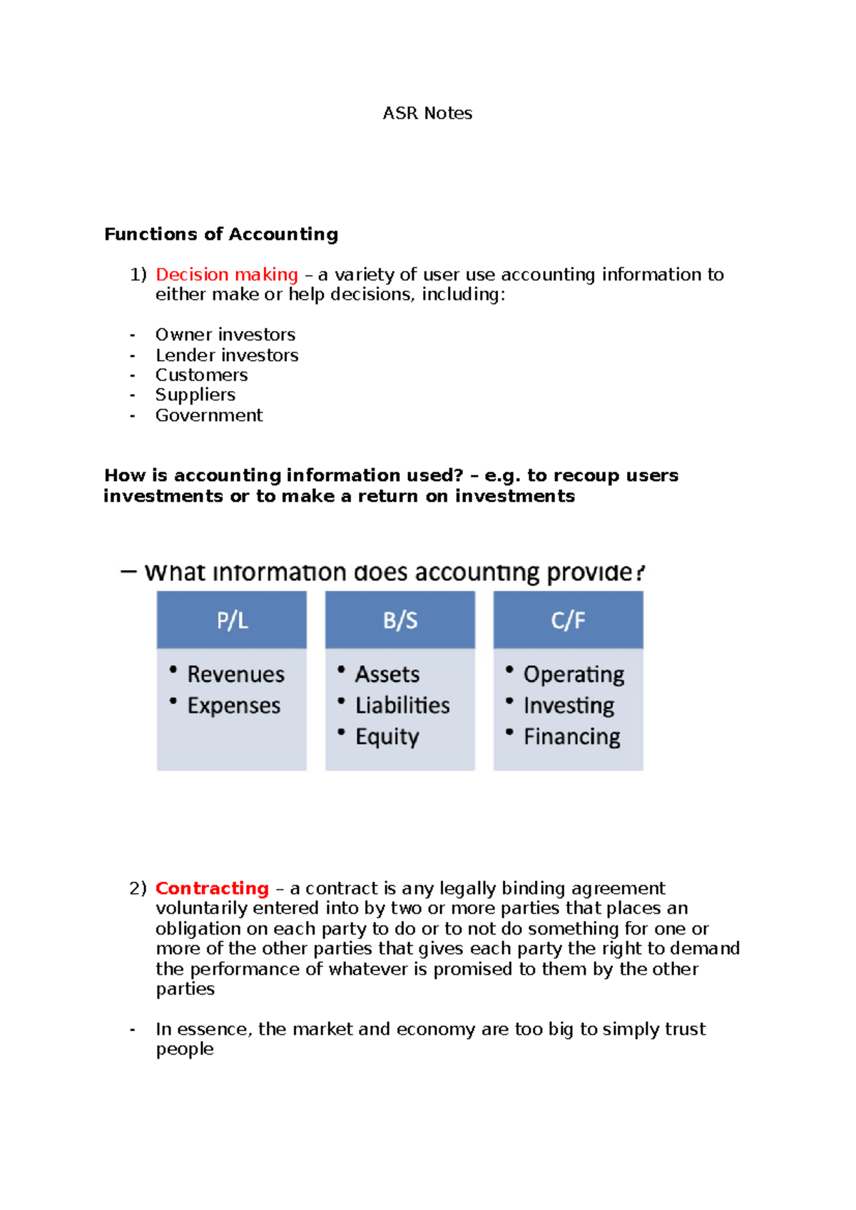 ASR Notes - n/a - ASR Notes Functions of Accounting Decision making – a ...