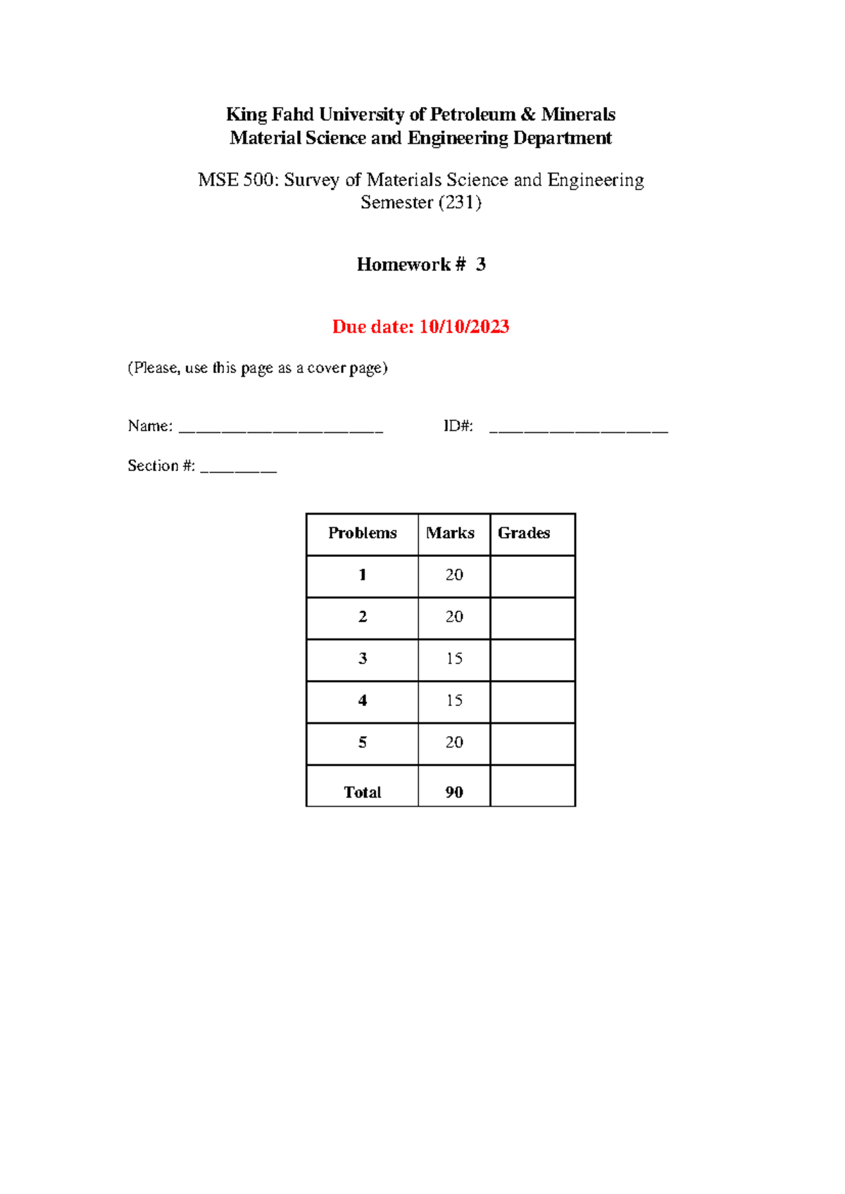 MSE 500 Homework #3: Materials Science & Engineering Problems - Studocu