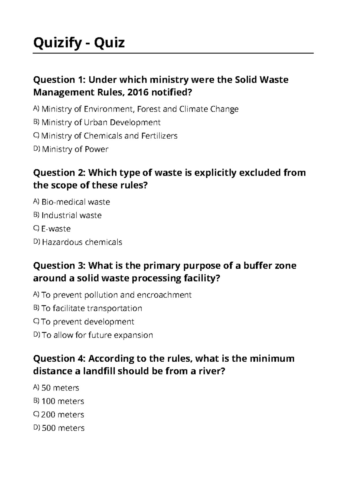 SWM 2016 Quiz: Essential MCQs for Solid Waste Management - Studocu