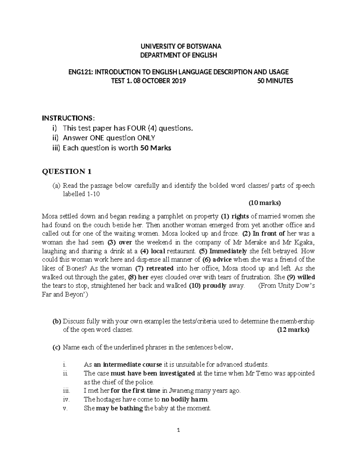 ENG 121 TEST 1 Language Description & Usage - October 2019 - Studocu
