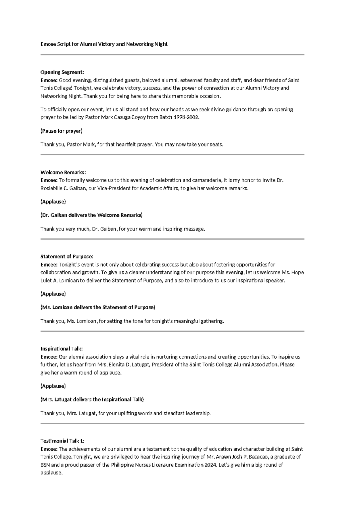 Saint Tonis College Alumni Networking Night Emcee Script - Studocu