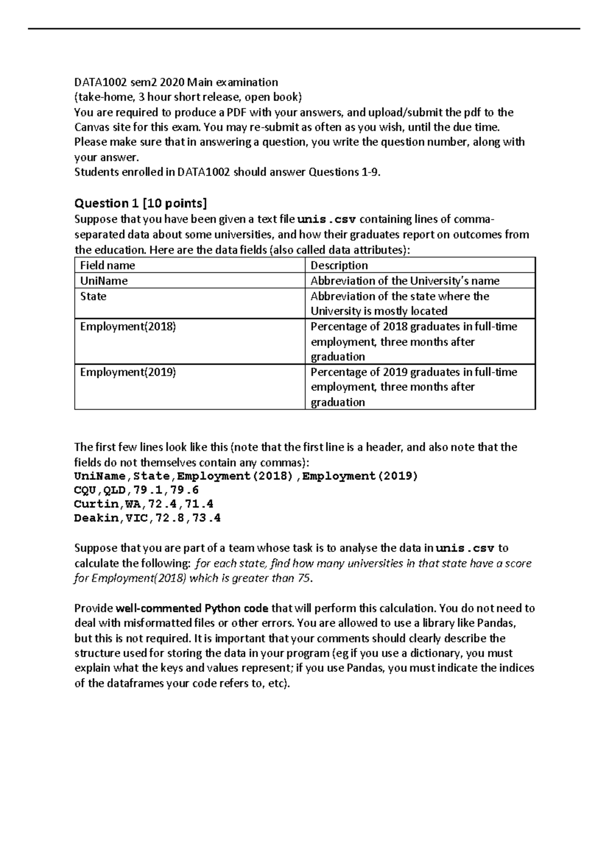 DATA1002 Semester 2 2020 Final Exam Review and Guidelines - Studocu