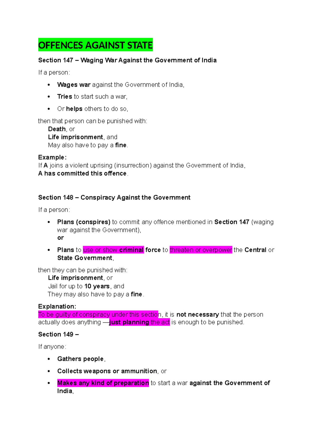 BNS - Lecture Notes on Offences Against the State and Religion - Studocu