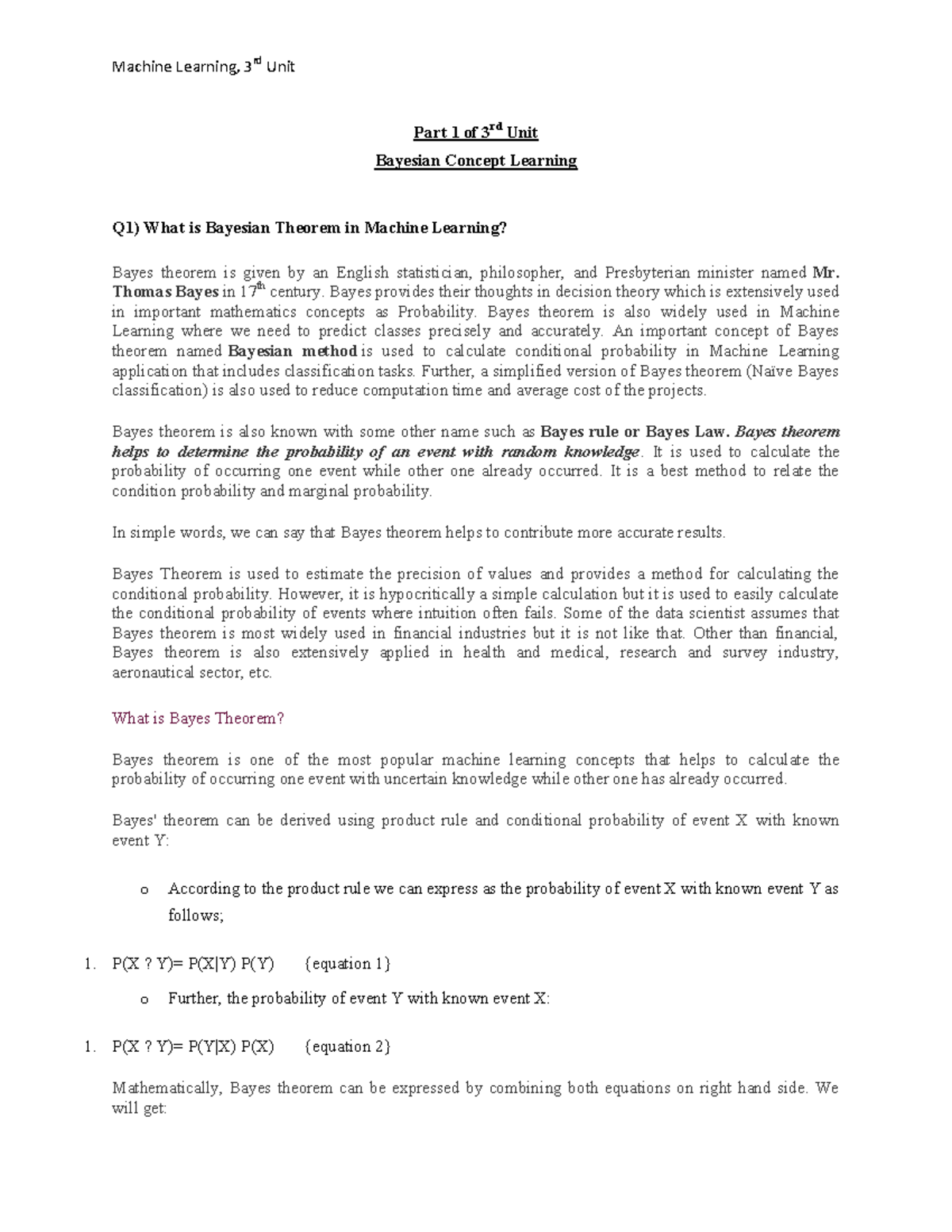 ML 3rd Unit - Bayesian Concept Learning Notes for JNTUA Students - Studocu