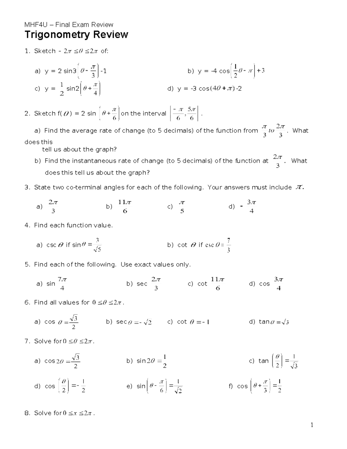 4U Trigonometry Exam Review: Comprehensive Study Guide - Studocu