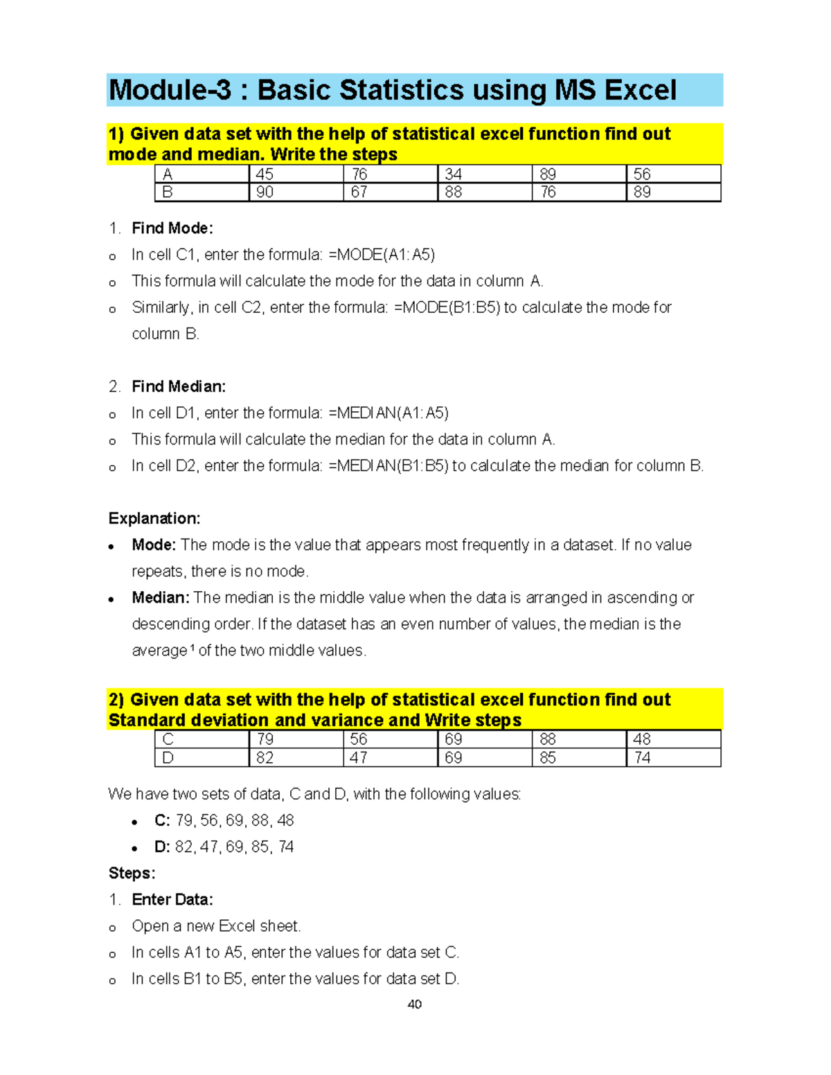 Module-3 - nothing - Module-3 : Basic Statistics using MS Excel 1 ...