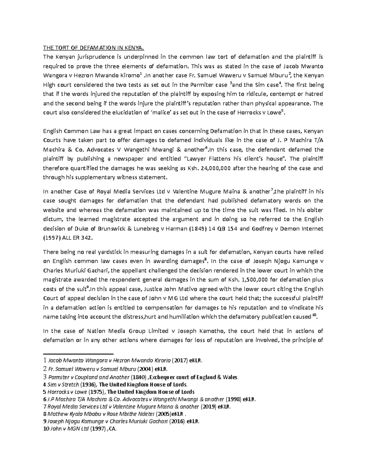 Defamation in Kenya: Legal Principles and Case Law Analysis - Studocu