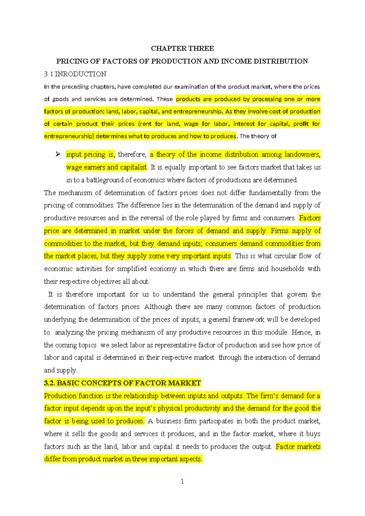 CHAPTER THREE: PRICING OF FACTORS OF PRODUCTION AND INCOME DISTRIBUTION ...