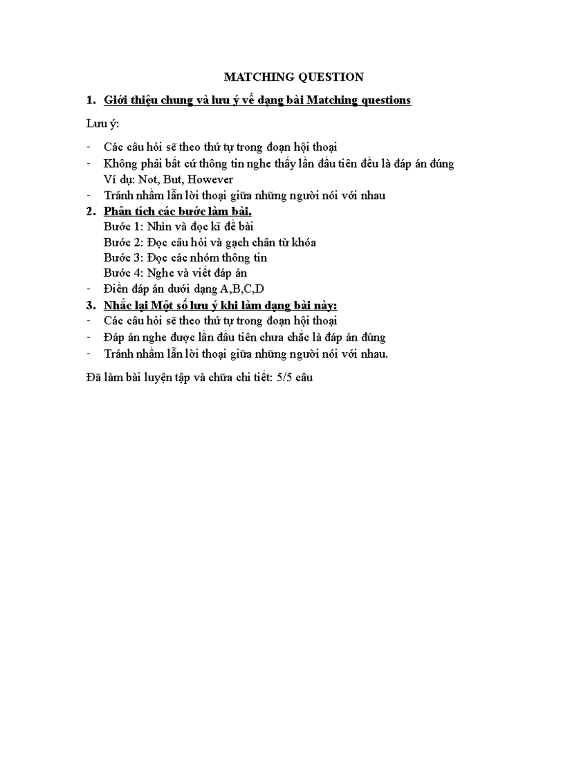 Hướng Dẫn Làm Bài Matching Questions: Lưu Ý và Phân Tích - Studocu