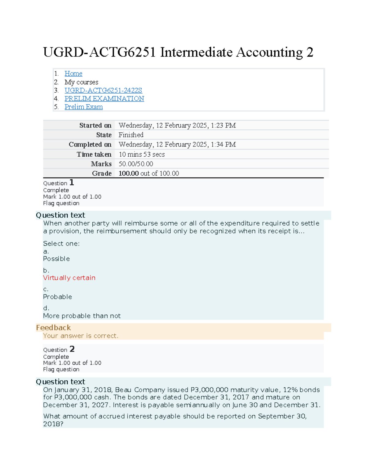Prelim Exam Review for Intermediate Accounting 2 - ACTG6251 - Studocu
