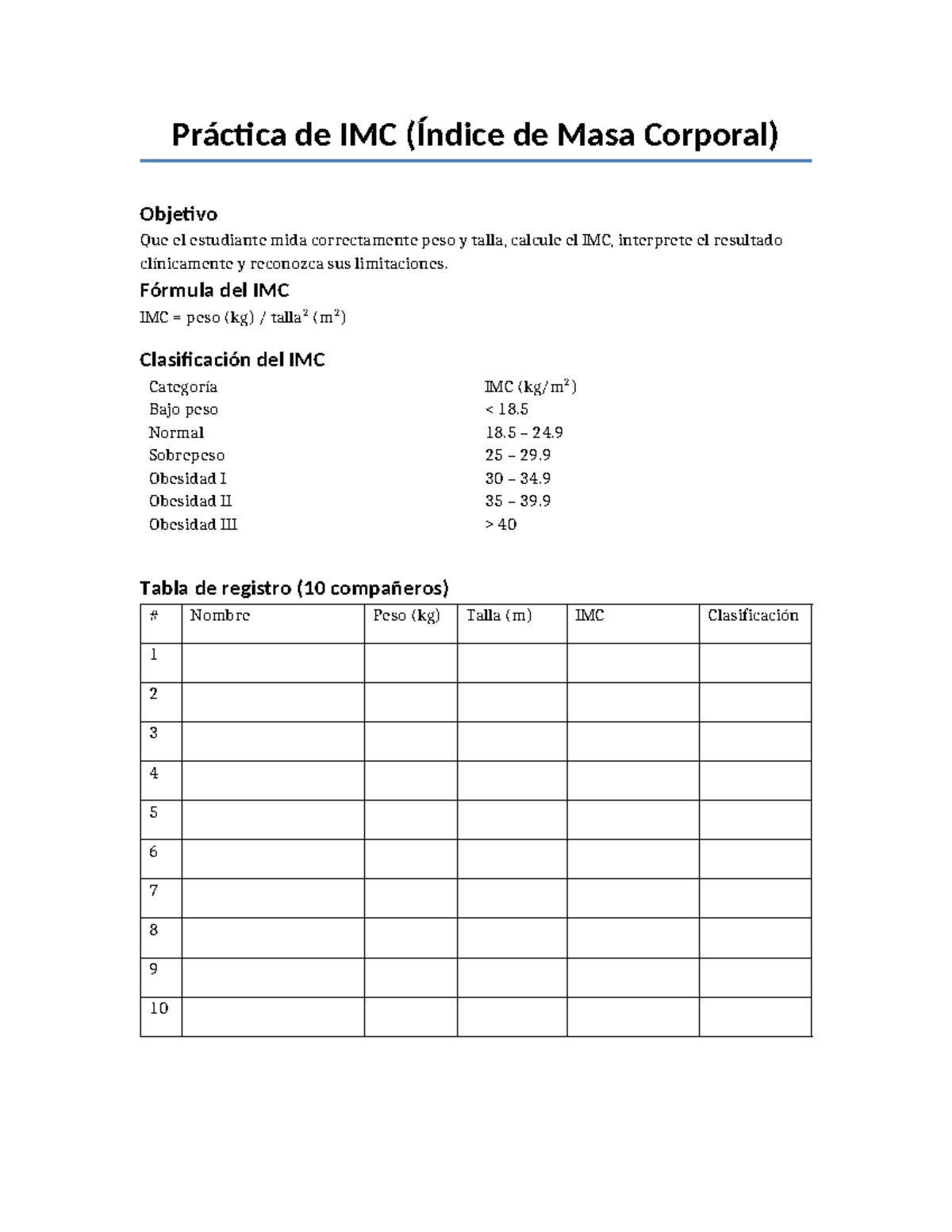 IMC Registro - Tabla para IMC - Práctica de IMC (Índice de Masa ...