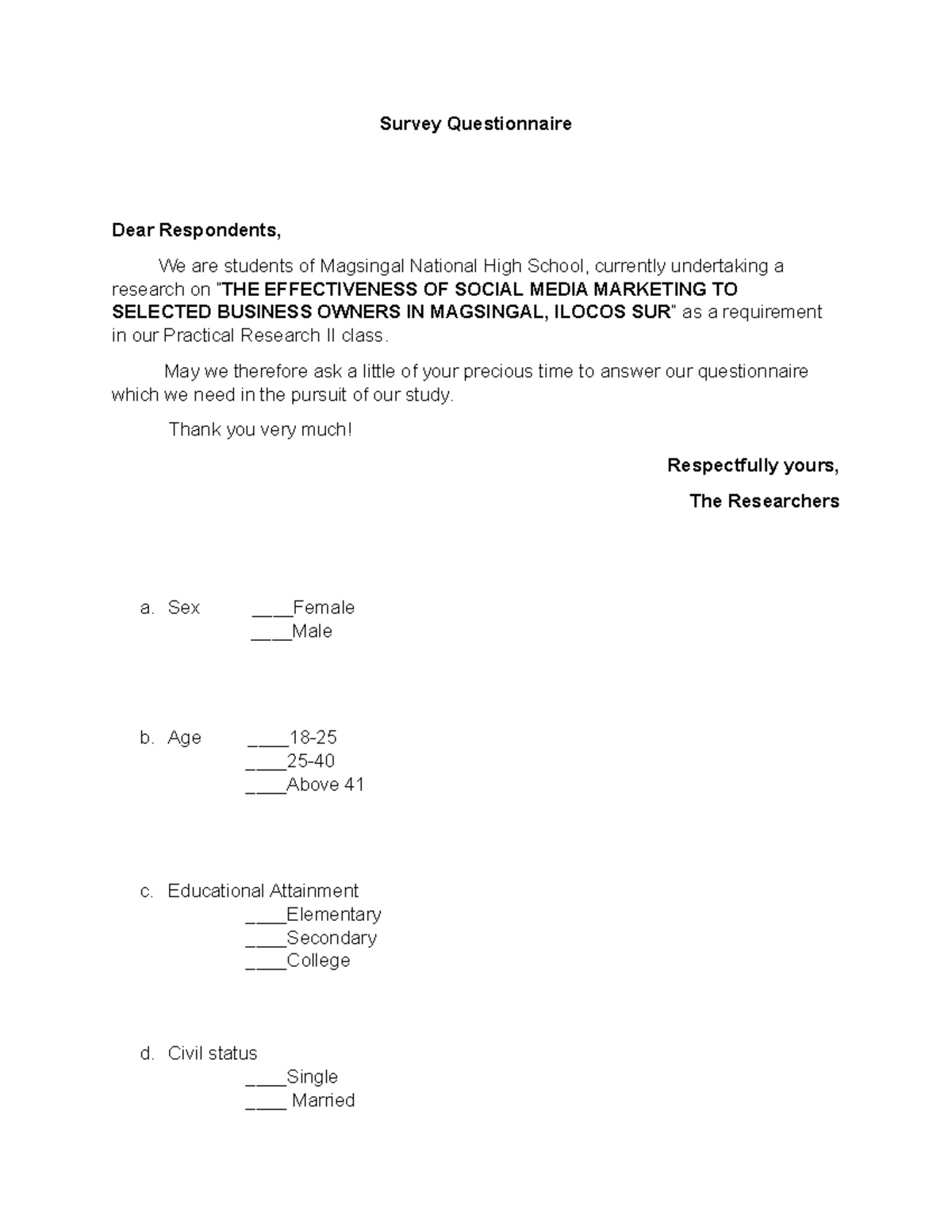 Survey Questionnaire on Social Media Marketing Effectiveness - PR II