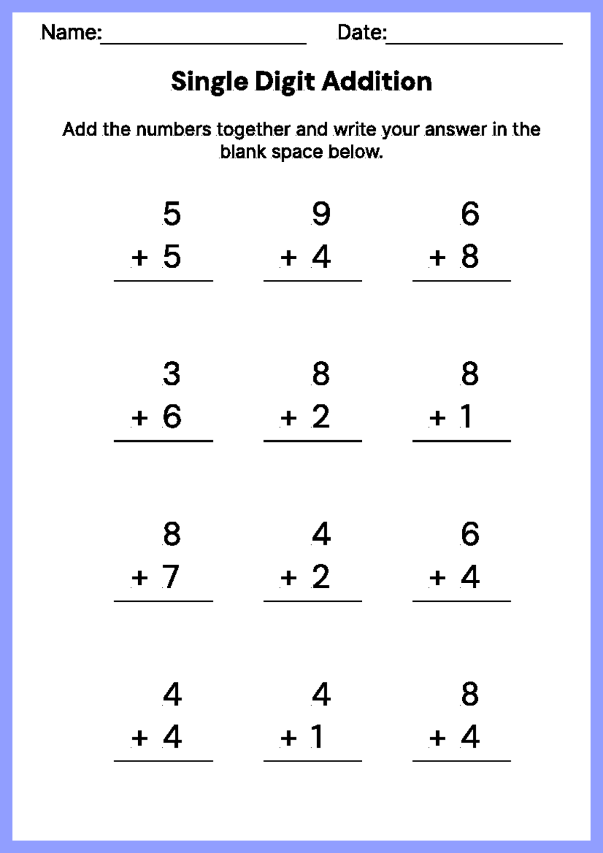 Single Digit Addition - Add the numbers together and write your answer ...