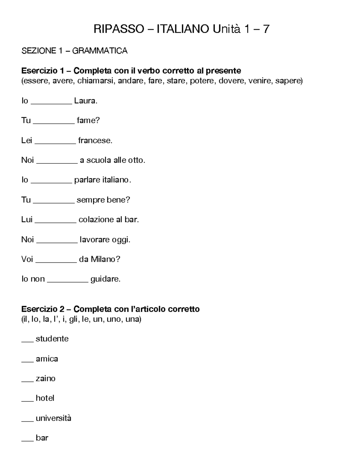 Ripasso Italiano Unità 1: Grammatica e Vocabolario Esercizi - Studocu