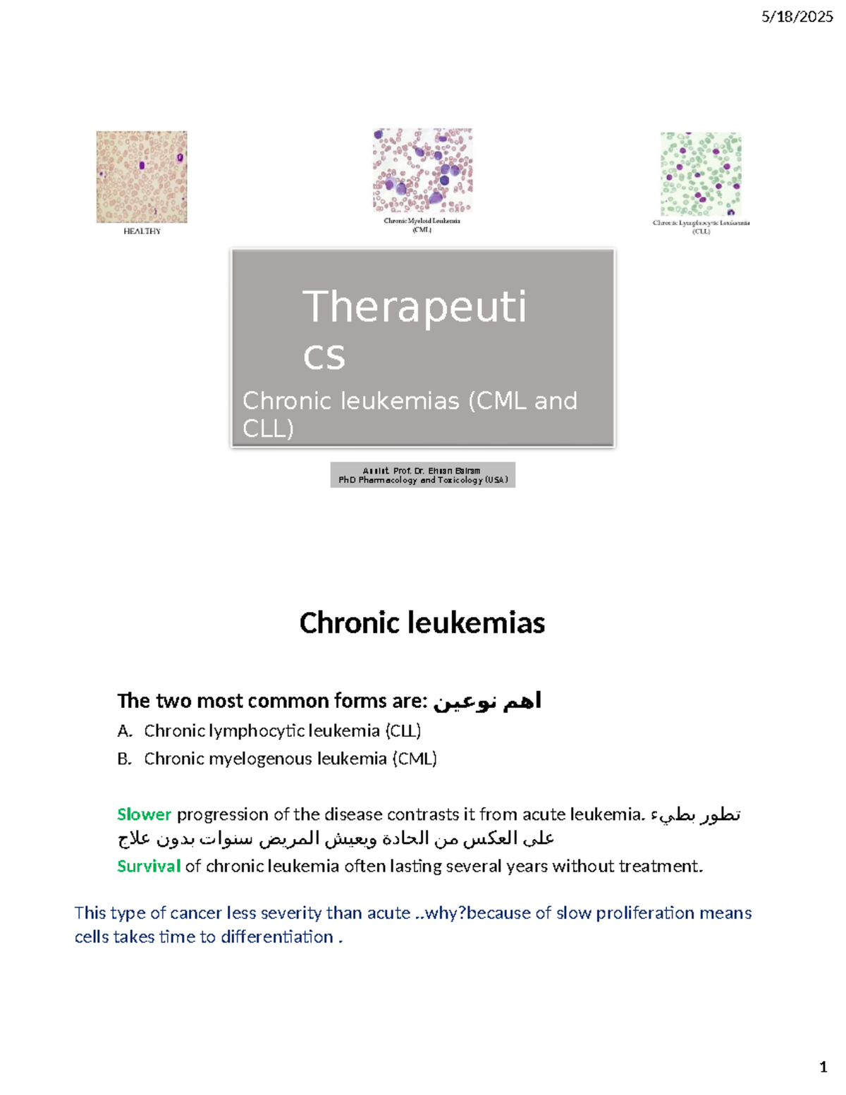 TH-Chronic Leukemias (CML & CLL) - Comprehensive Study Notes - Studocu