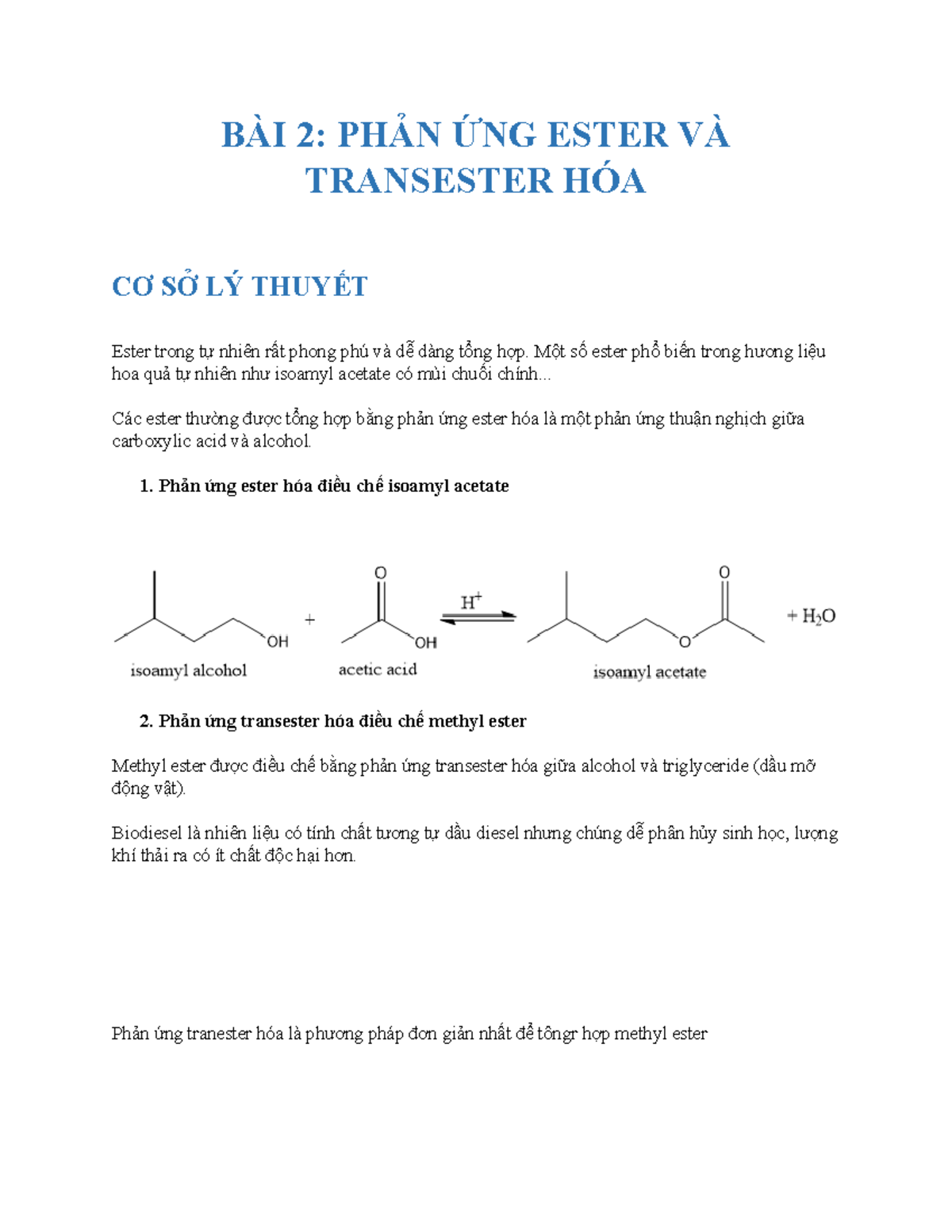 Phản Ứng Ester và Transester Hóa - Hóa Học PT - Studocu