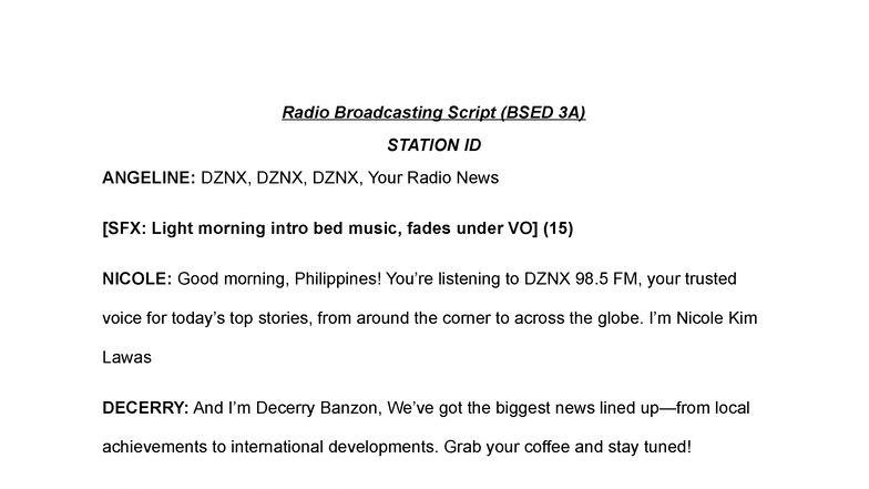 Radio Broadcasting Script (BSED 3A) for DZNX 98.5 FM - Studocu