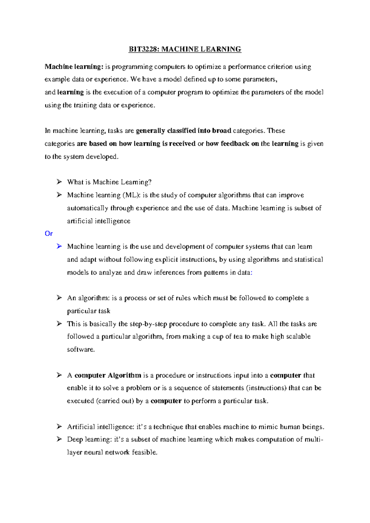 Notes Machine Learning - BIT3228: MACHINE LEARNING Machine learning: is ...