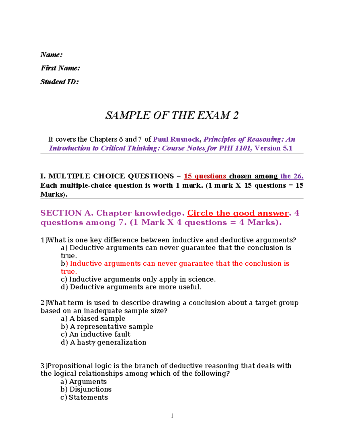 Sample Exam 2 - PHI 1101: Chapters 6 & 7 Overview - Studocu