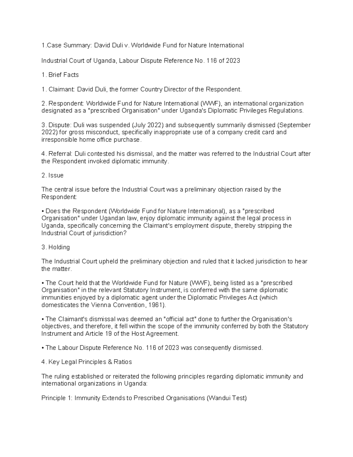 Case Summary: David Duli v. WWF - Labour Dispute No. 116/2023 - Studocu