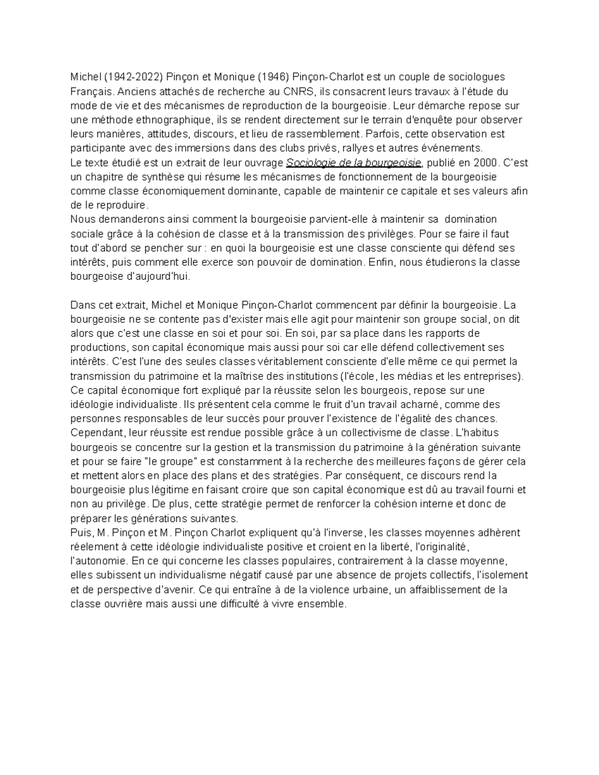 Fiche de lecture sur la bourgeoisie selon Pinçon et Pinçon Charlot ...
