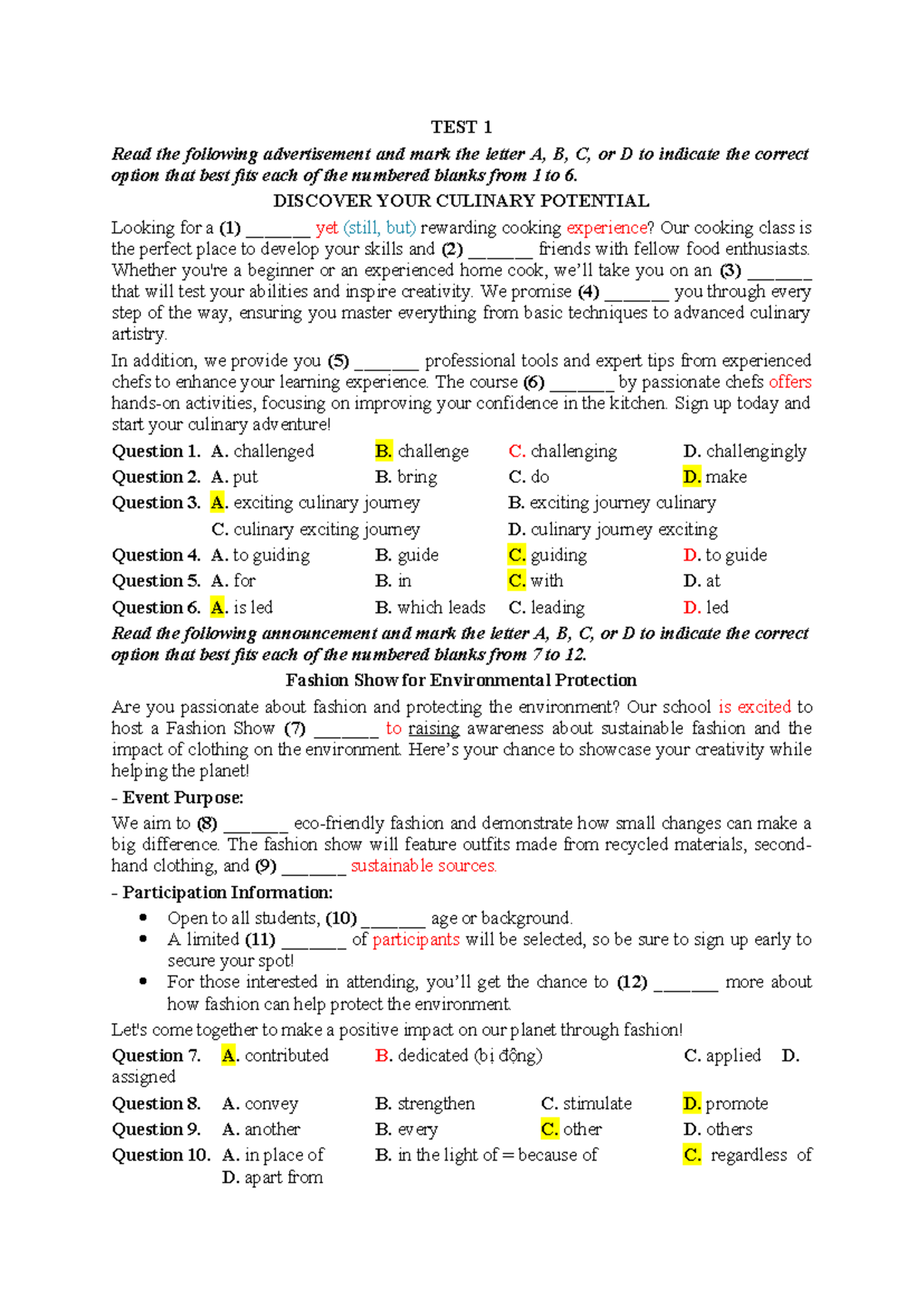 TEST 1: Fill in the Blanks and Sentence Arrangements - Studocu