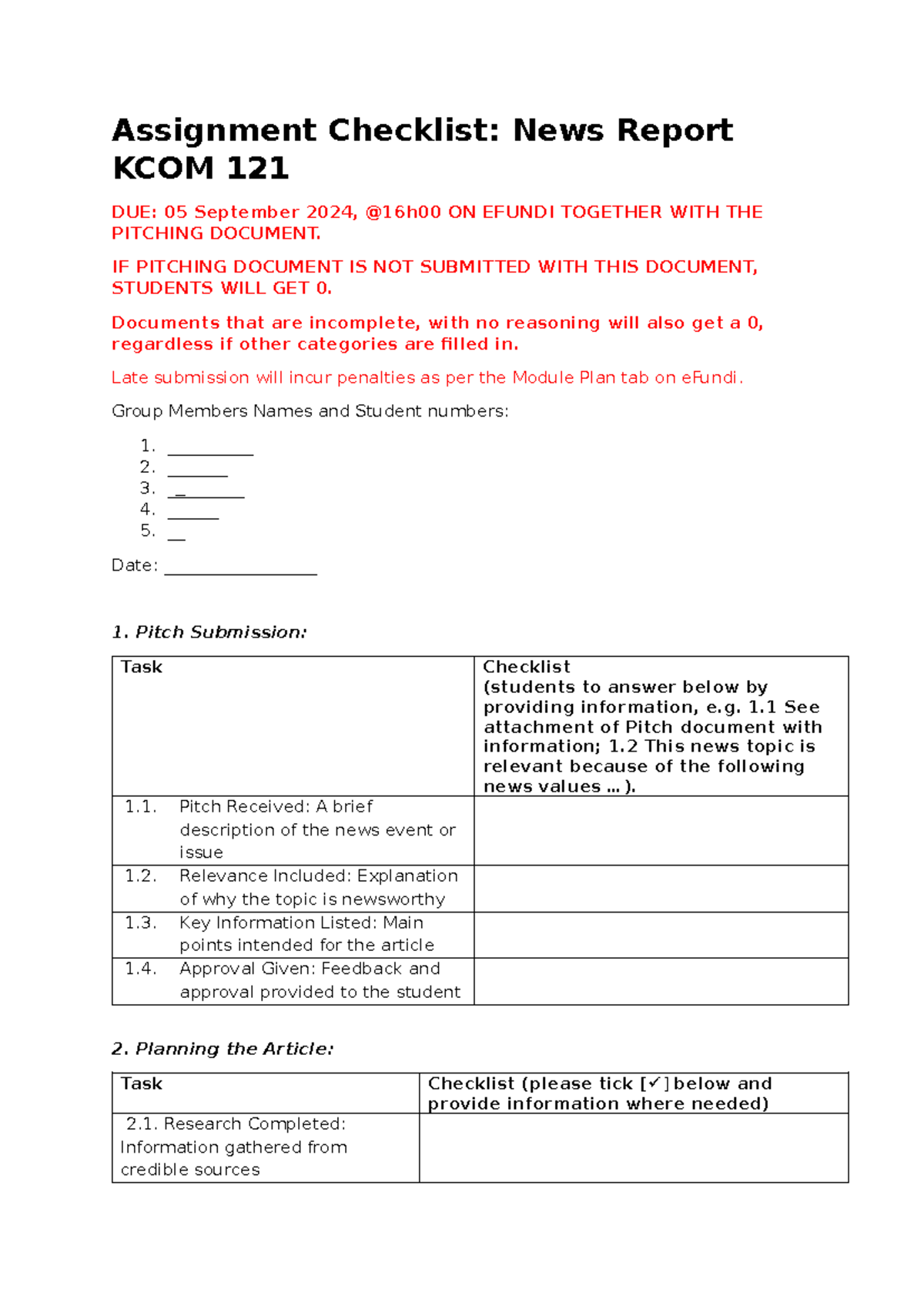 KCOM 121 Assignment Checklist: News Report Submission Guide - Studocu